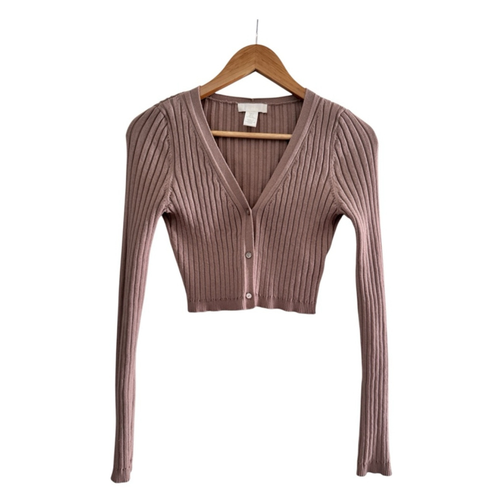 H&M Rib Knit Cropped Cardigan Dusty Nude Button Front